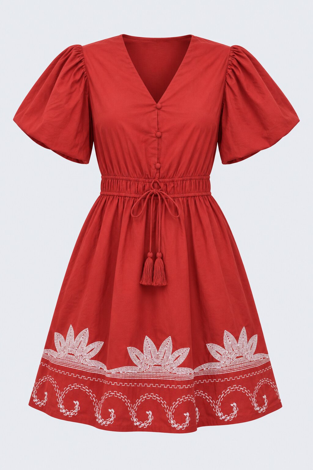 Womens Red Embroidered Puff Sleeve Dress - Image 7