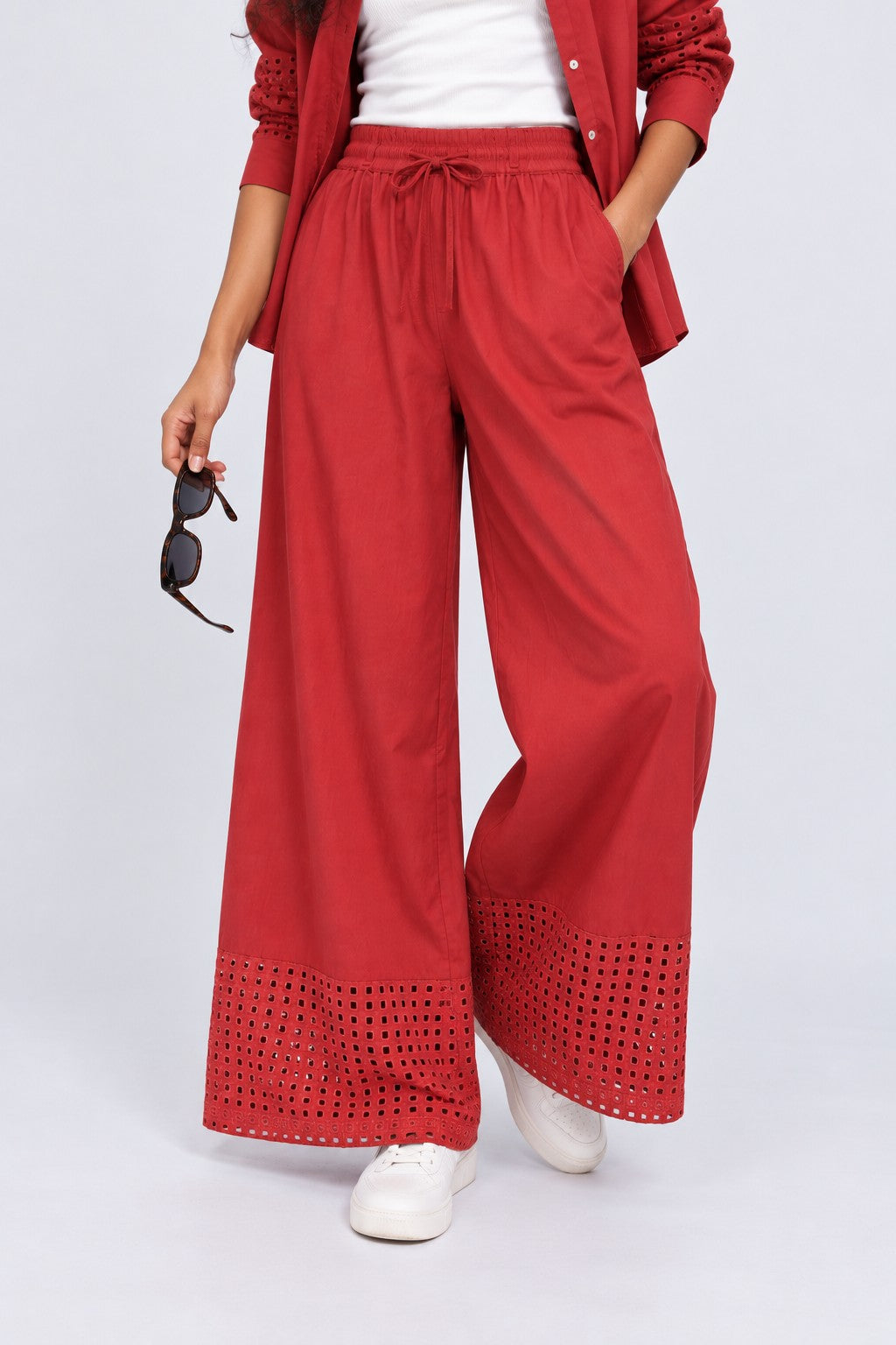 Womens Red Cutwork Hem Wide Leg Pant - Image 1