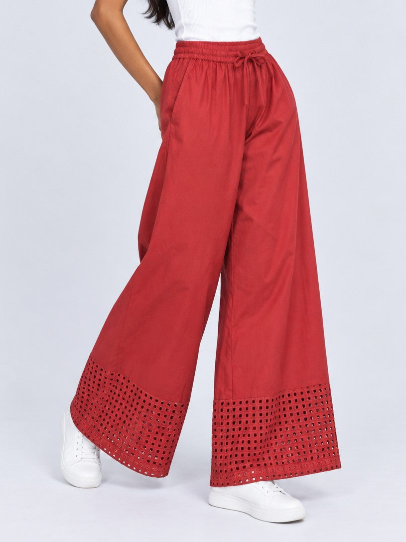 Womens Red Cutwork Hem Wide Leg Pant - Image 4