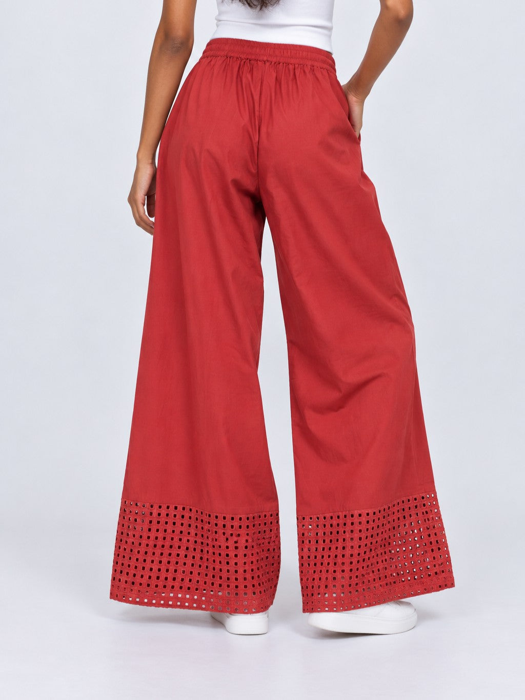 Womens Red Cutwork Hem Wide Leg Pant - Image 5