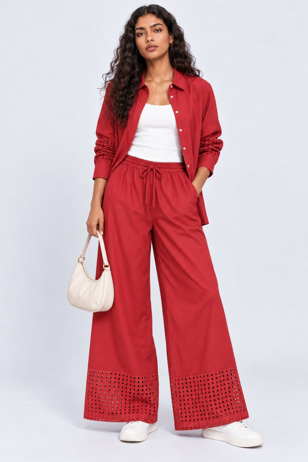 Womens Red Cutwork Hem Wide Leg Pant - Image 6