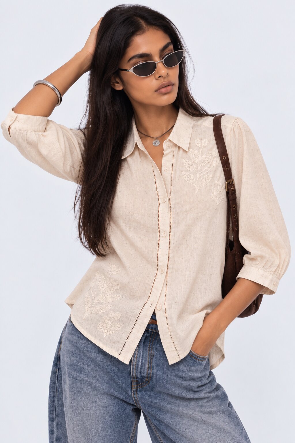 Womens Beige Embroidered Puff Sleeve Shirt - Image 1