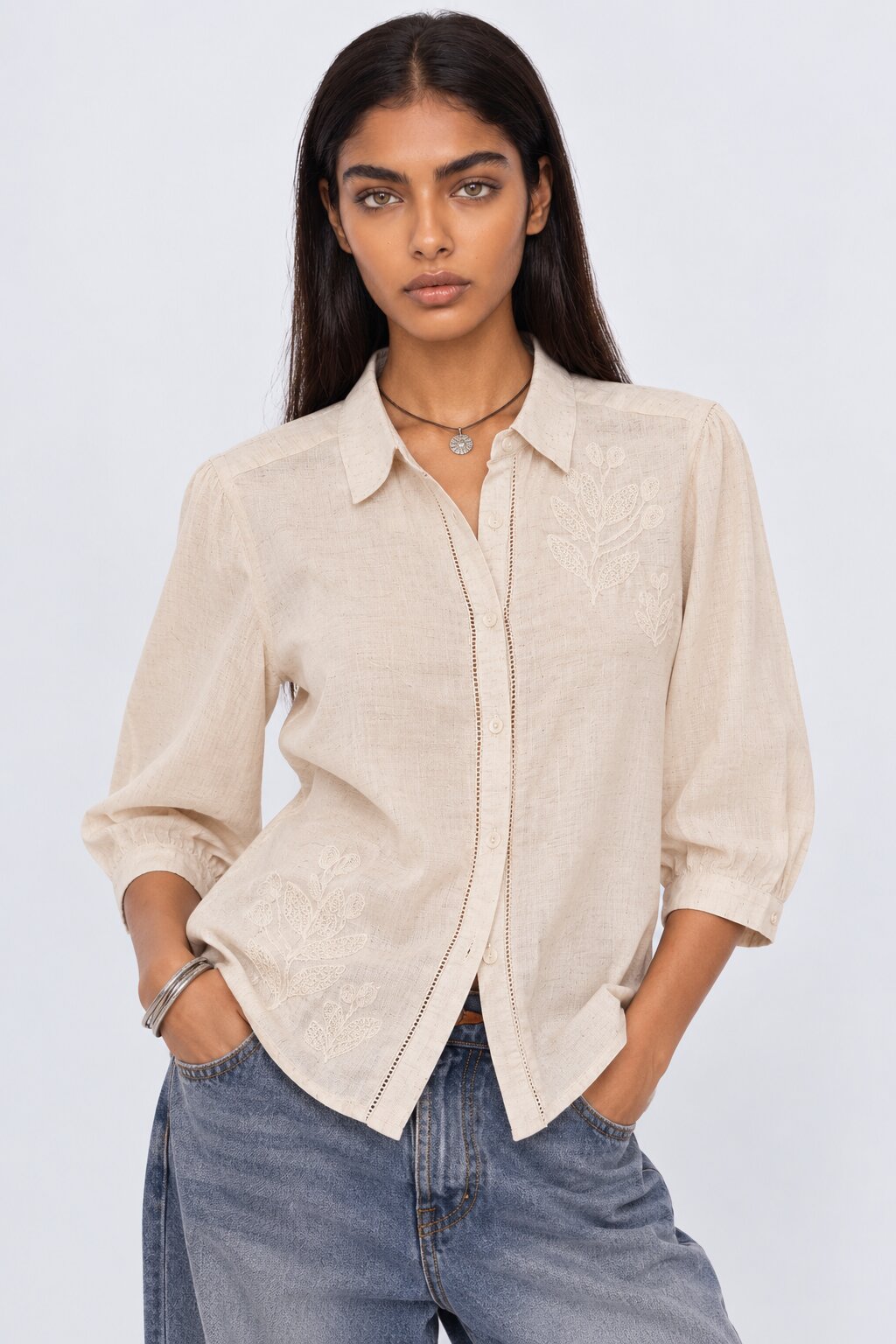 Womens Beige Embroidered Puff Sleeve Shirt - Image 2