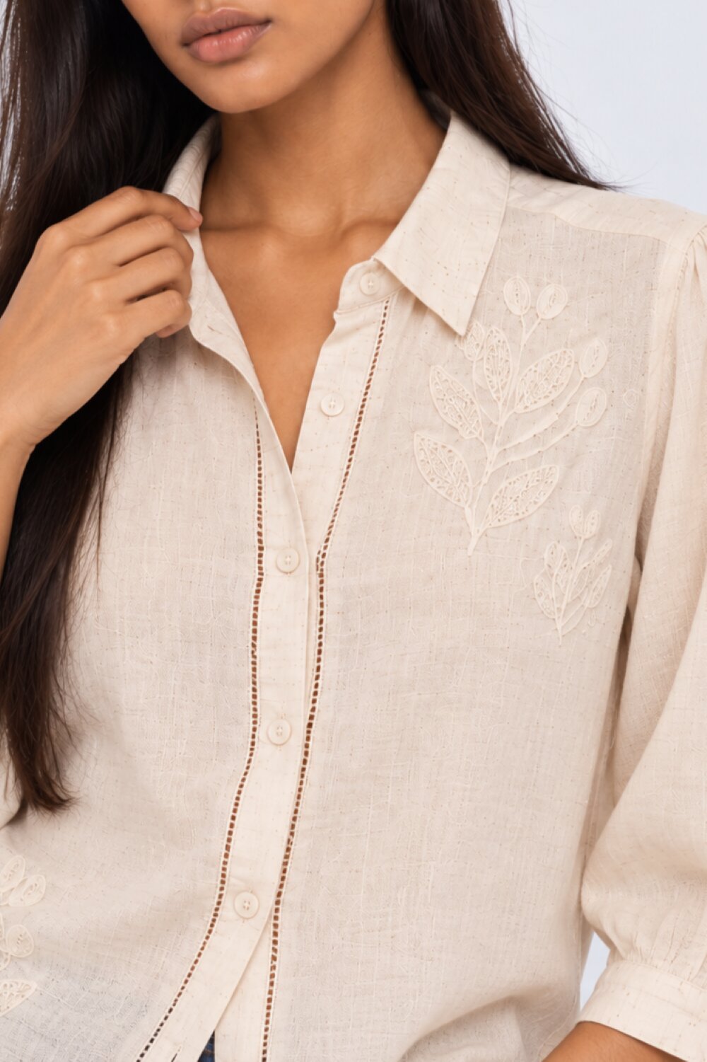 Womens Beige Embroidered Puff Sleeve Shirt - Image 3
