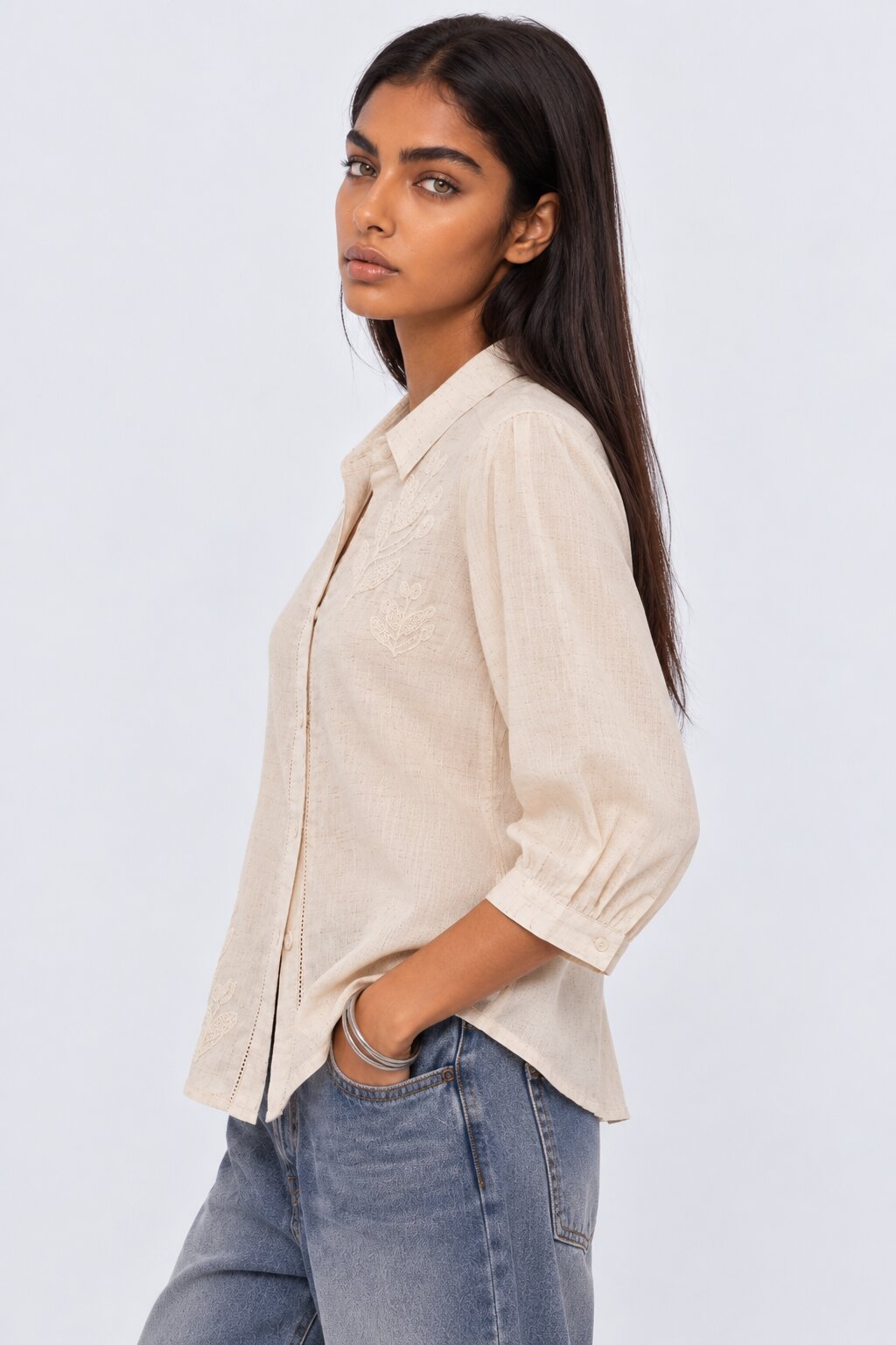 Womens Beige Embroidered Puff Sleeve Shirt - Image 4