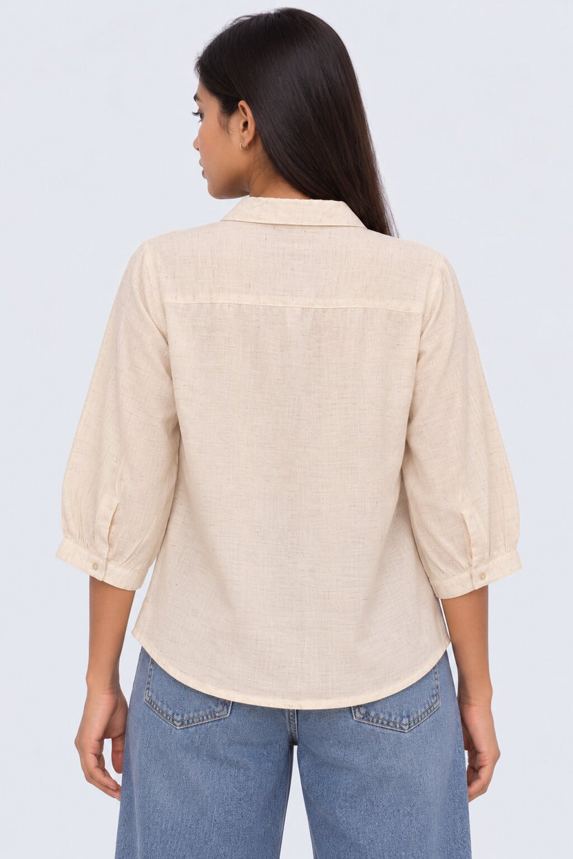 Womens Beige Embroidered Puff Sleeve Shirt - Image 5