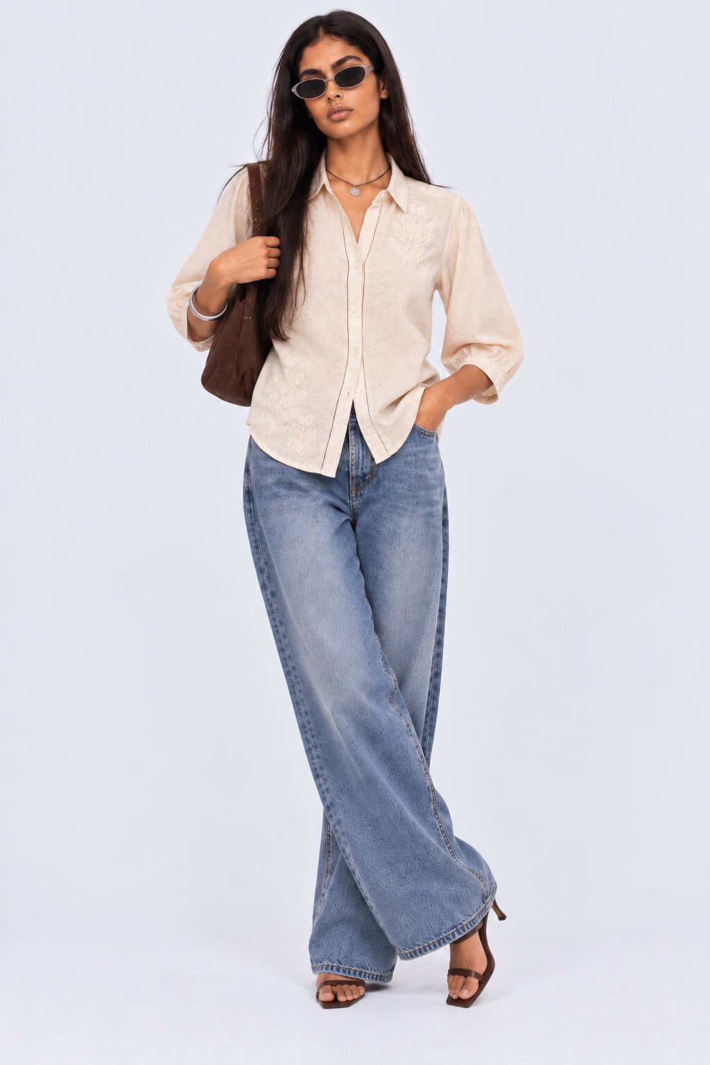 Womens Beige Embroidered Puff Sleeve Shirt - Image 6