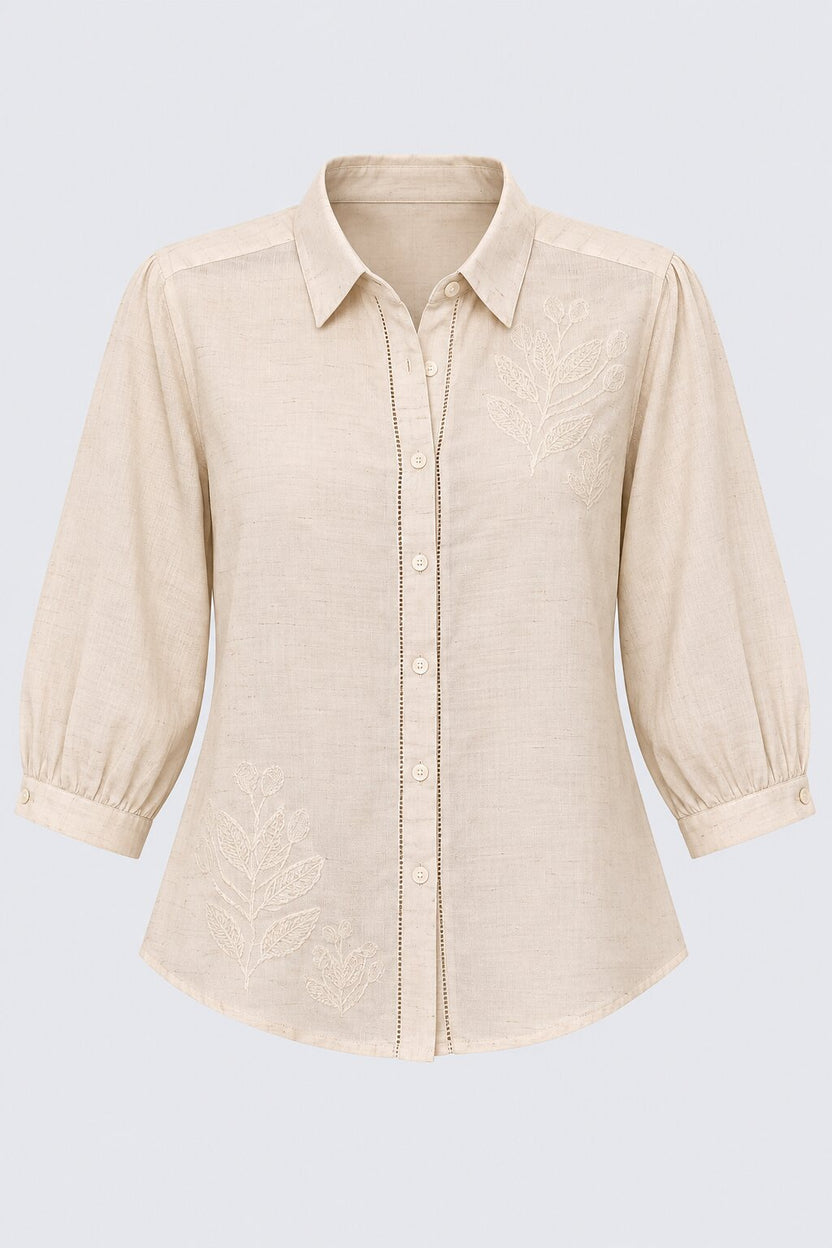 Womens Beige Embroidered Puff Sleeve Shirt - Image 7