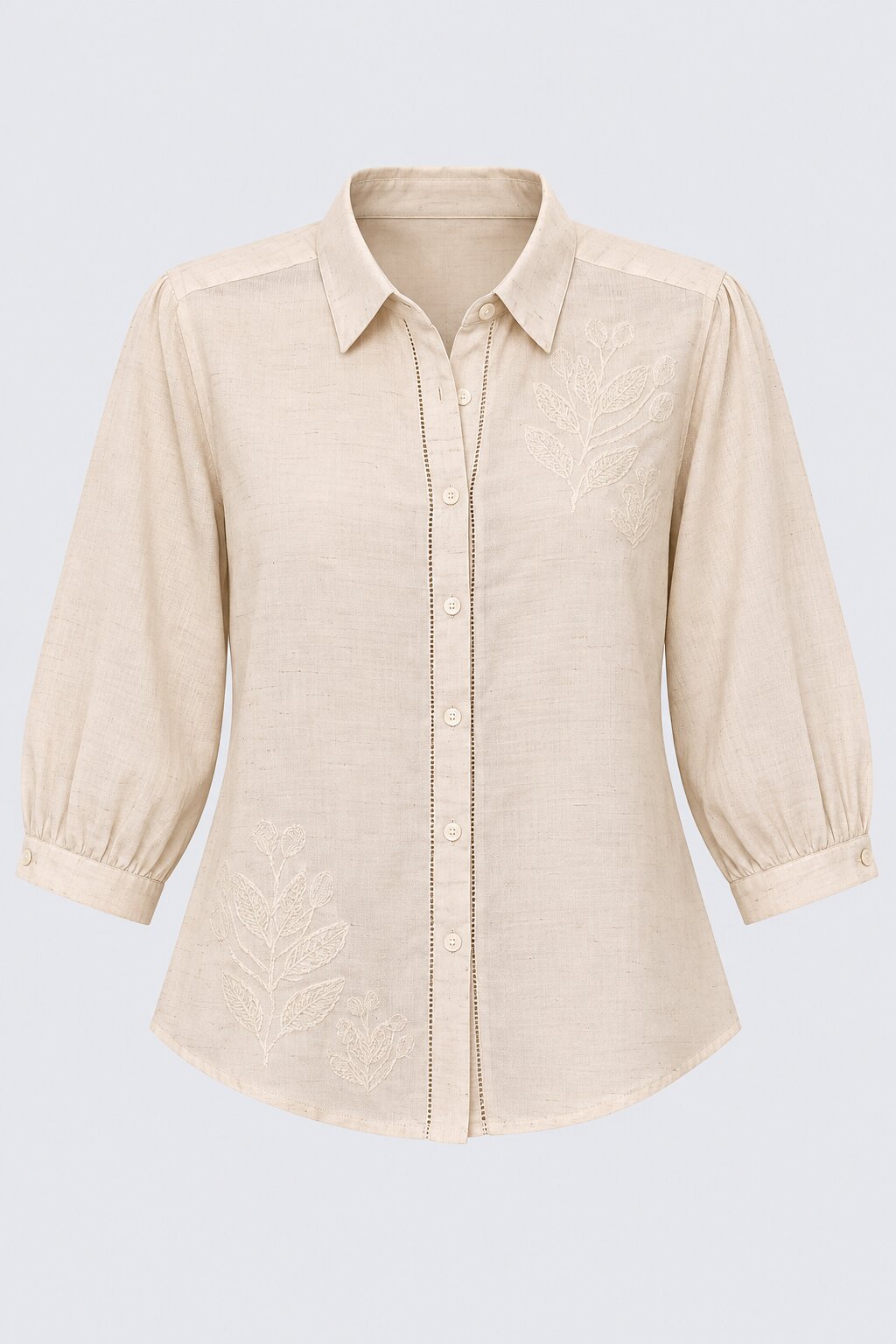 Womens Beige Embroidered Puff Sleeve Shirt - Image 7