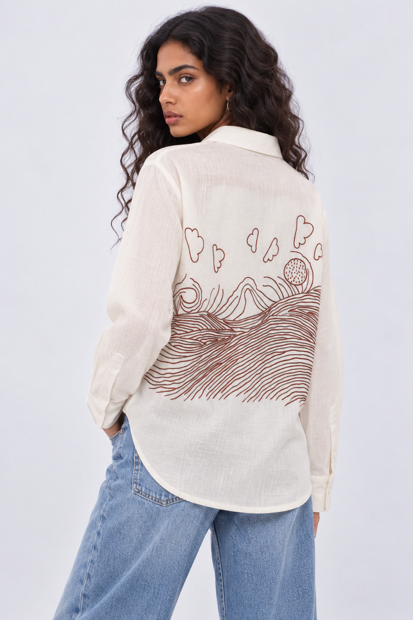 Womens Off White Scenic Back Embroidered Shirt - Image 1