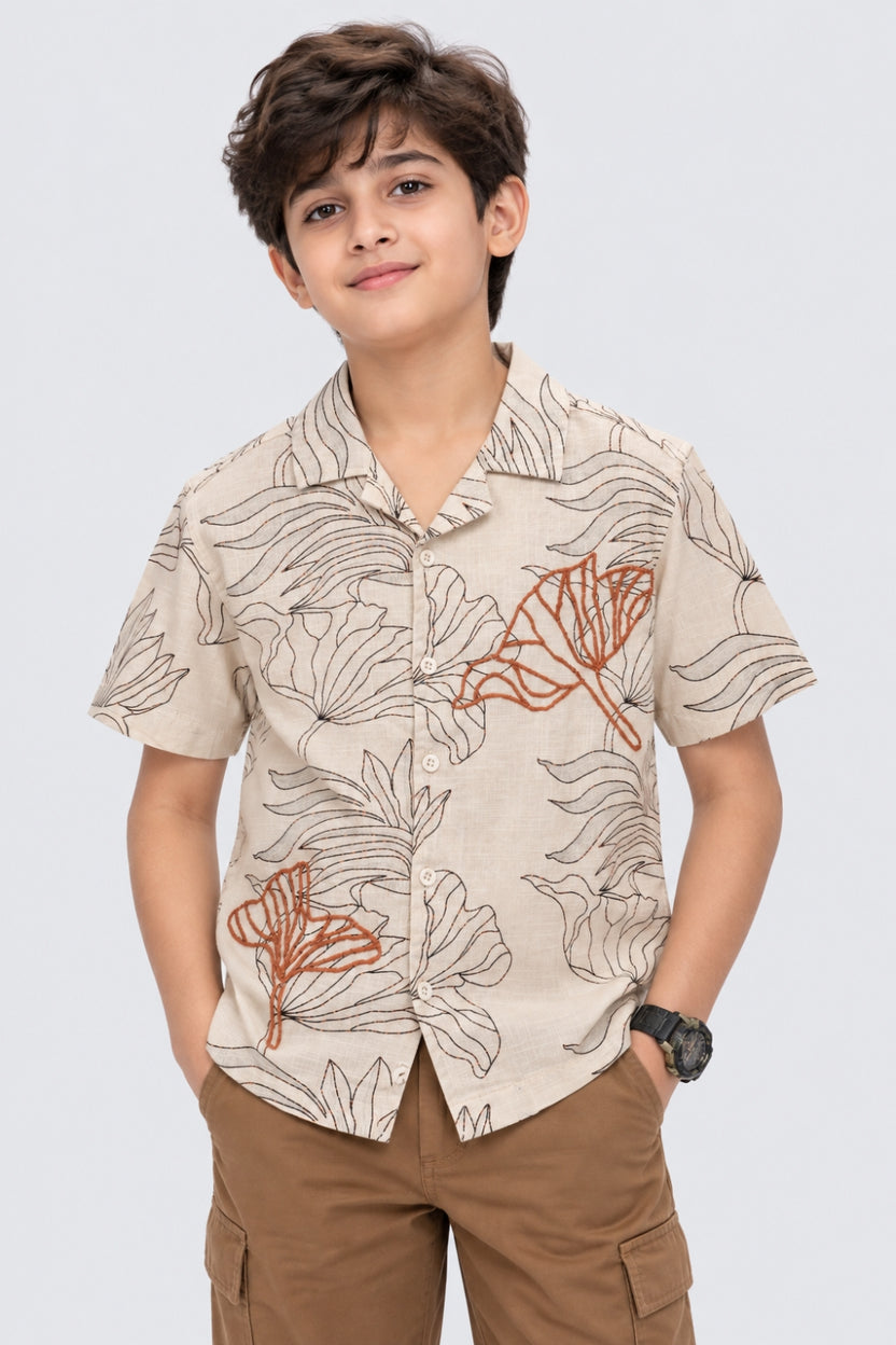 Tweens Boys Beige Tropical Print Shirt - Image 1