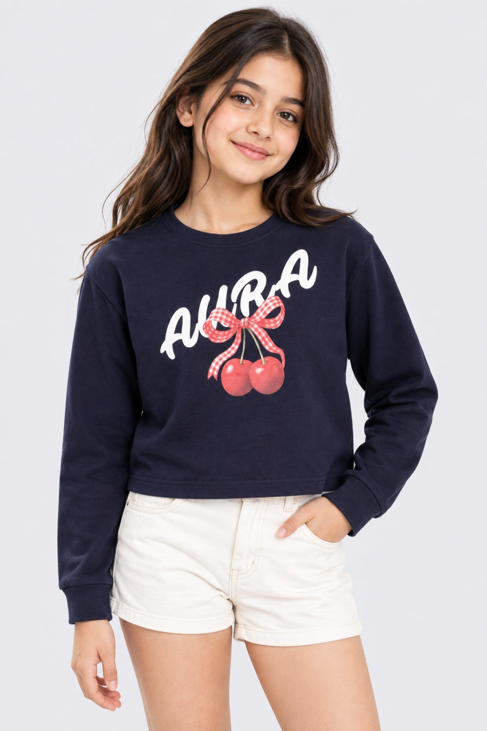 Tweens Girls Navy Cherry Graphic Crop Sweatshirt - Image 1
