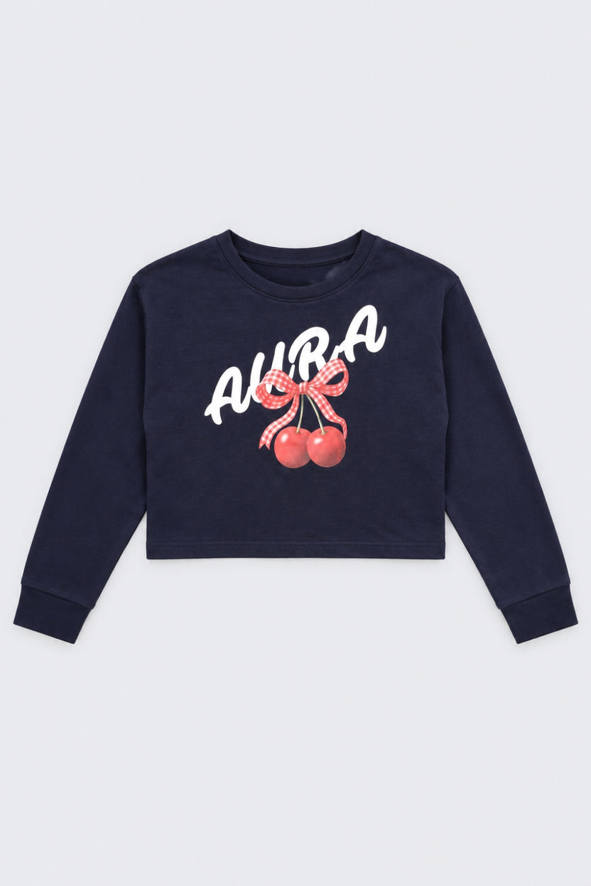 Tweens Girls Navy Cherry Graphic Crop Sweatshirt - Image 2