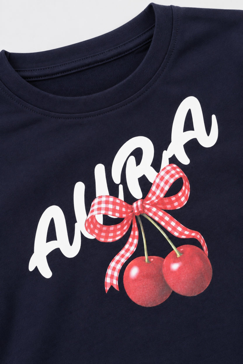 Tweens Girls Navy Cherry Graphic Crop Sweatshirt - Image 5