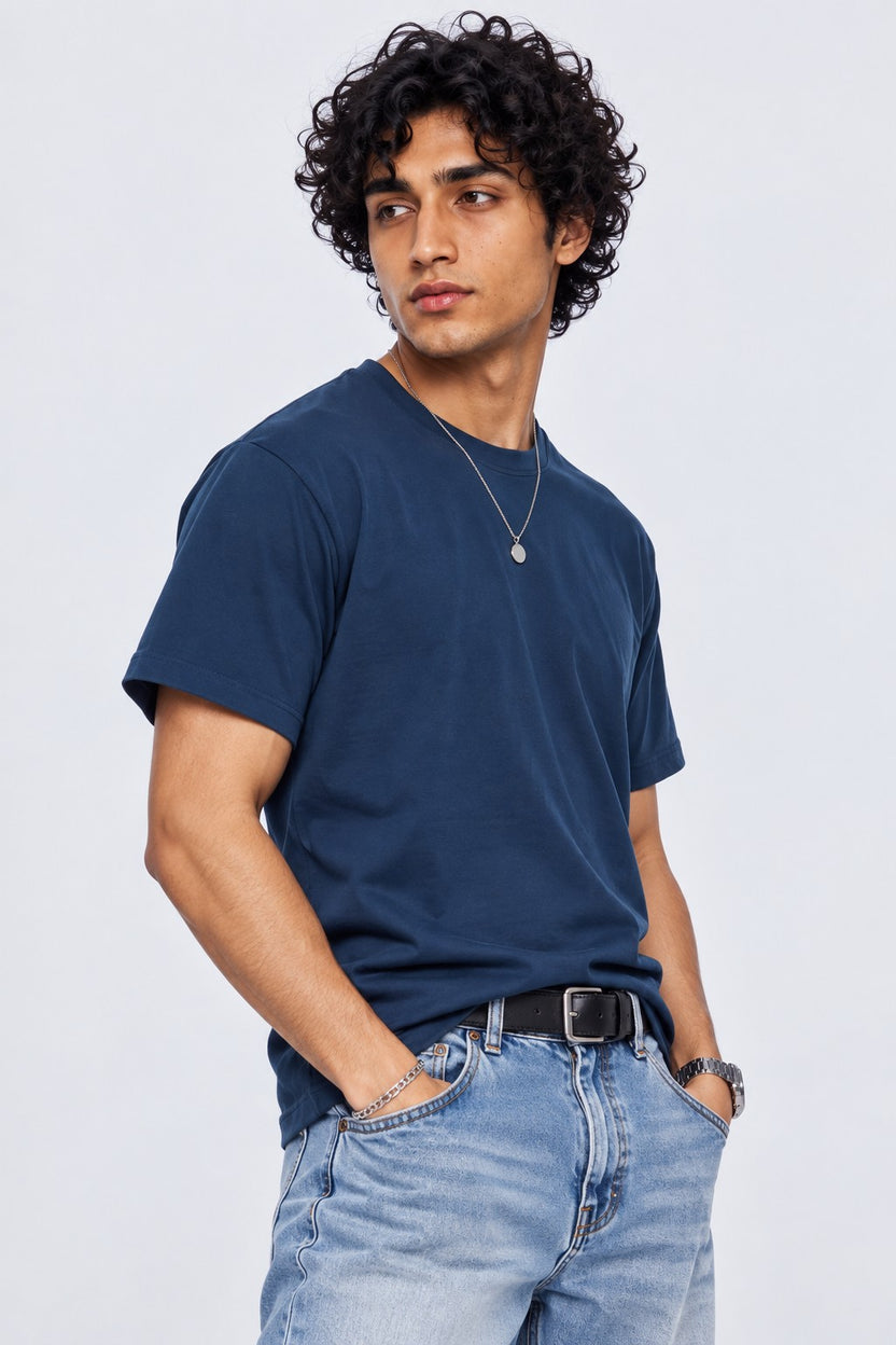 Mens Regular Fit Teal Solid T-Shirt - Image 4