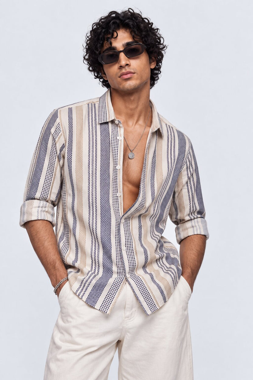Mens Beige Vertical Striped Casual Shirt - Image 1