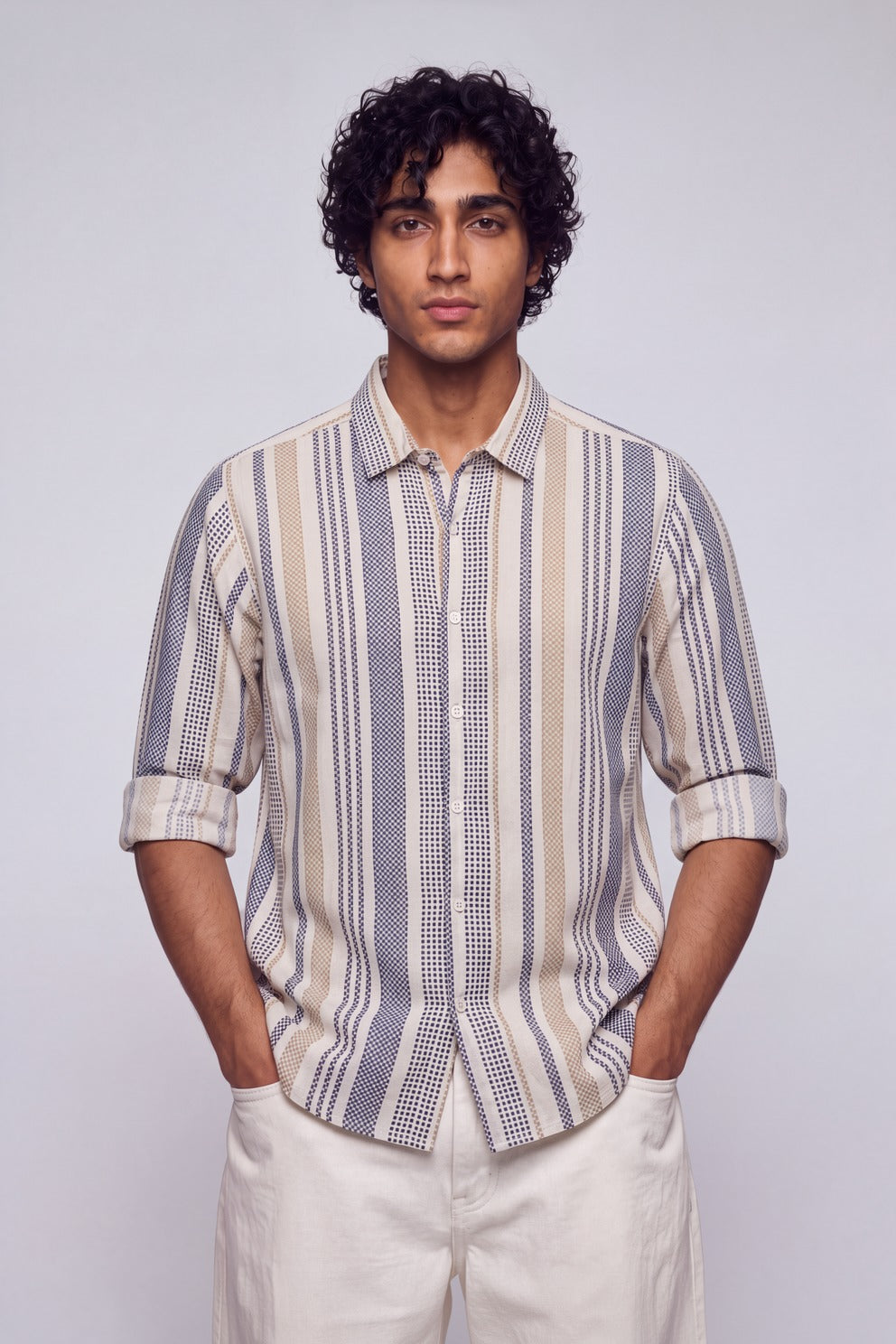 Mens Beige Vertical Striped Casual Shirt - Image 2
