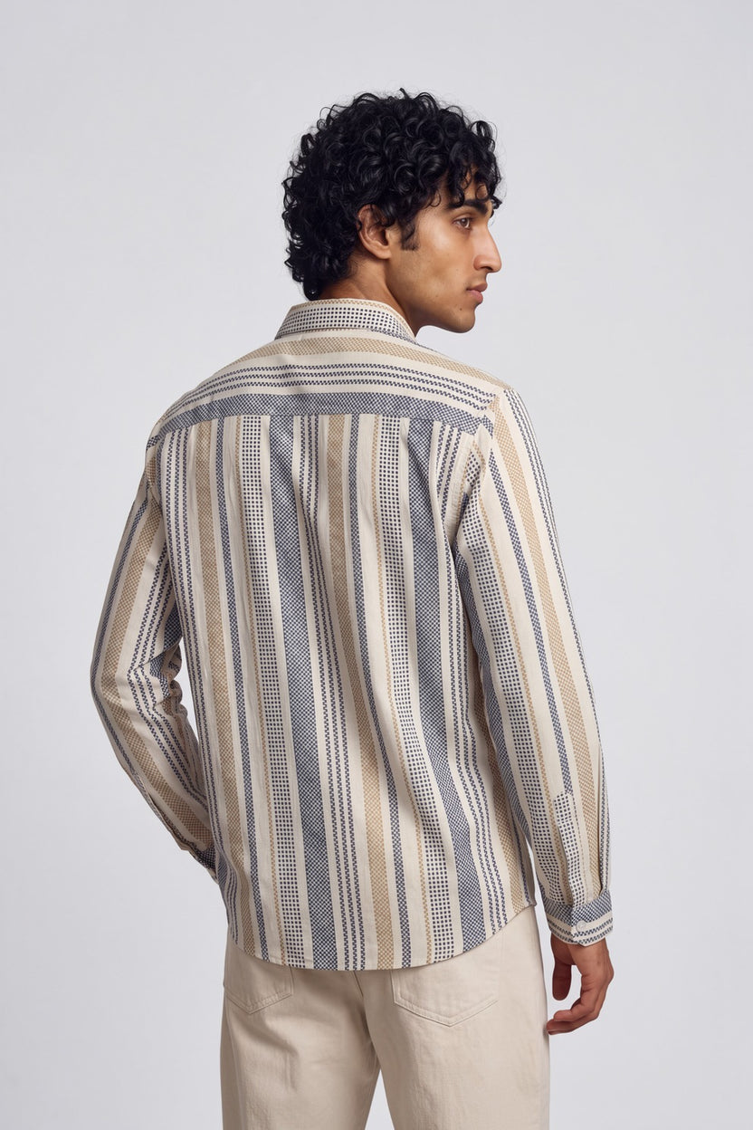 Mens Beige Vertical Striped Casual Shirt - Image 4