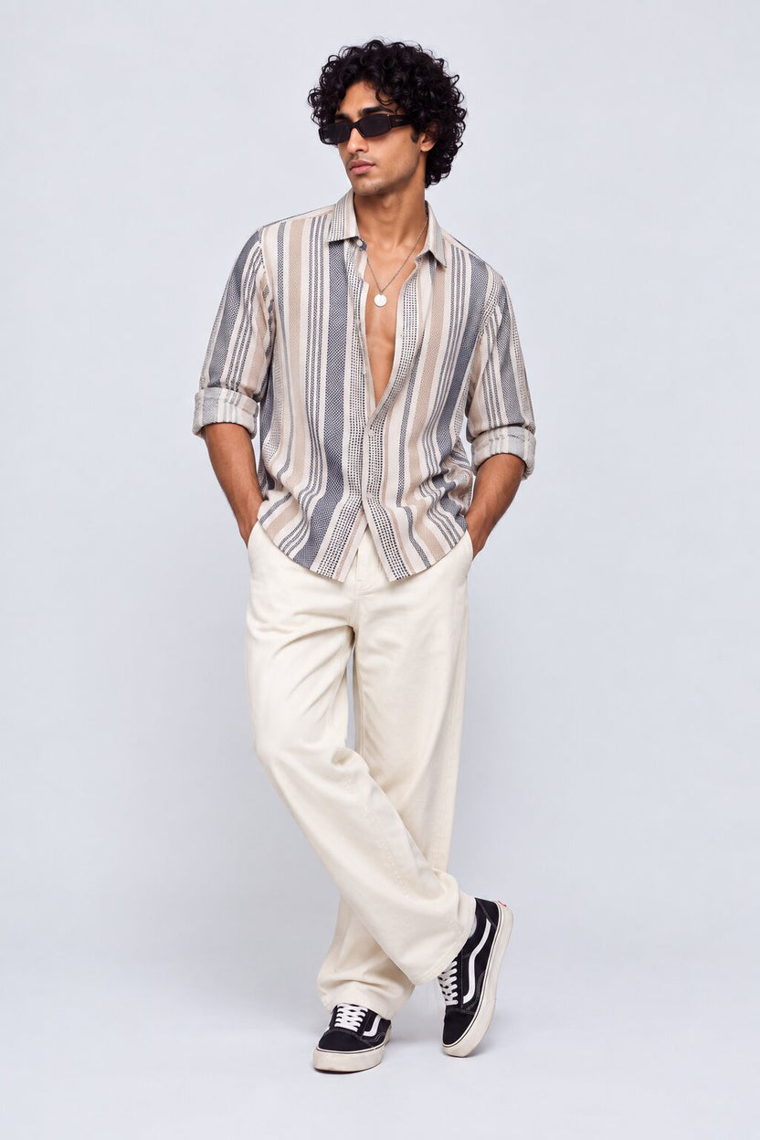 Mens Beige Vertical Striped Casual Shirt - Image 5