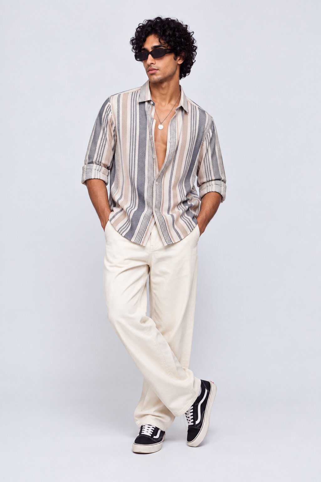 Mens Beige Vertical Striped Casual Shirt - Image 5