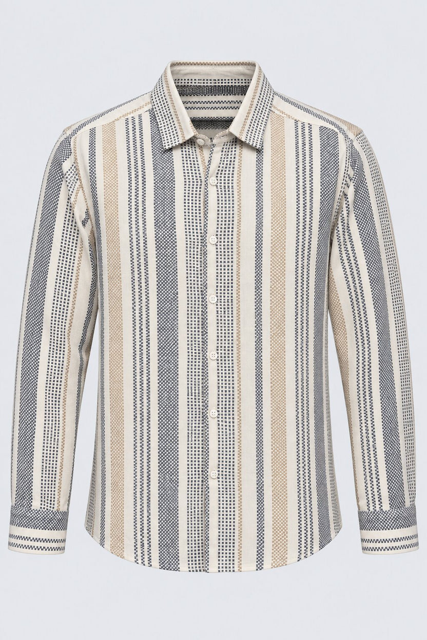 Mens Beige Vertical Striped Casual Shirt - Image 6