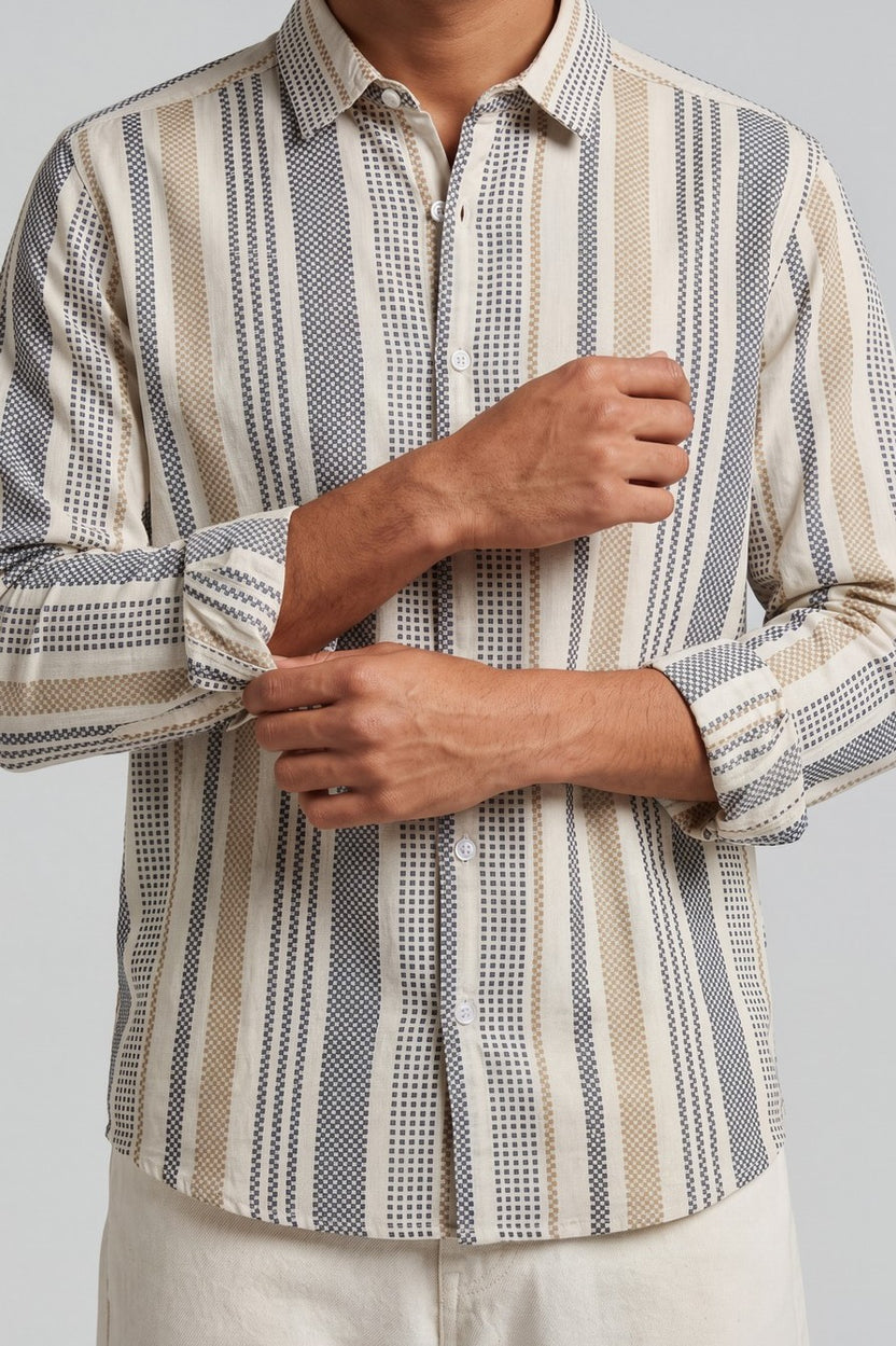 Mens Beige Vertical Striped Casual Shirt - Image 8
