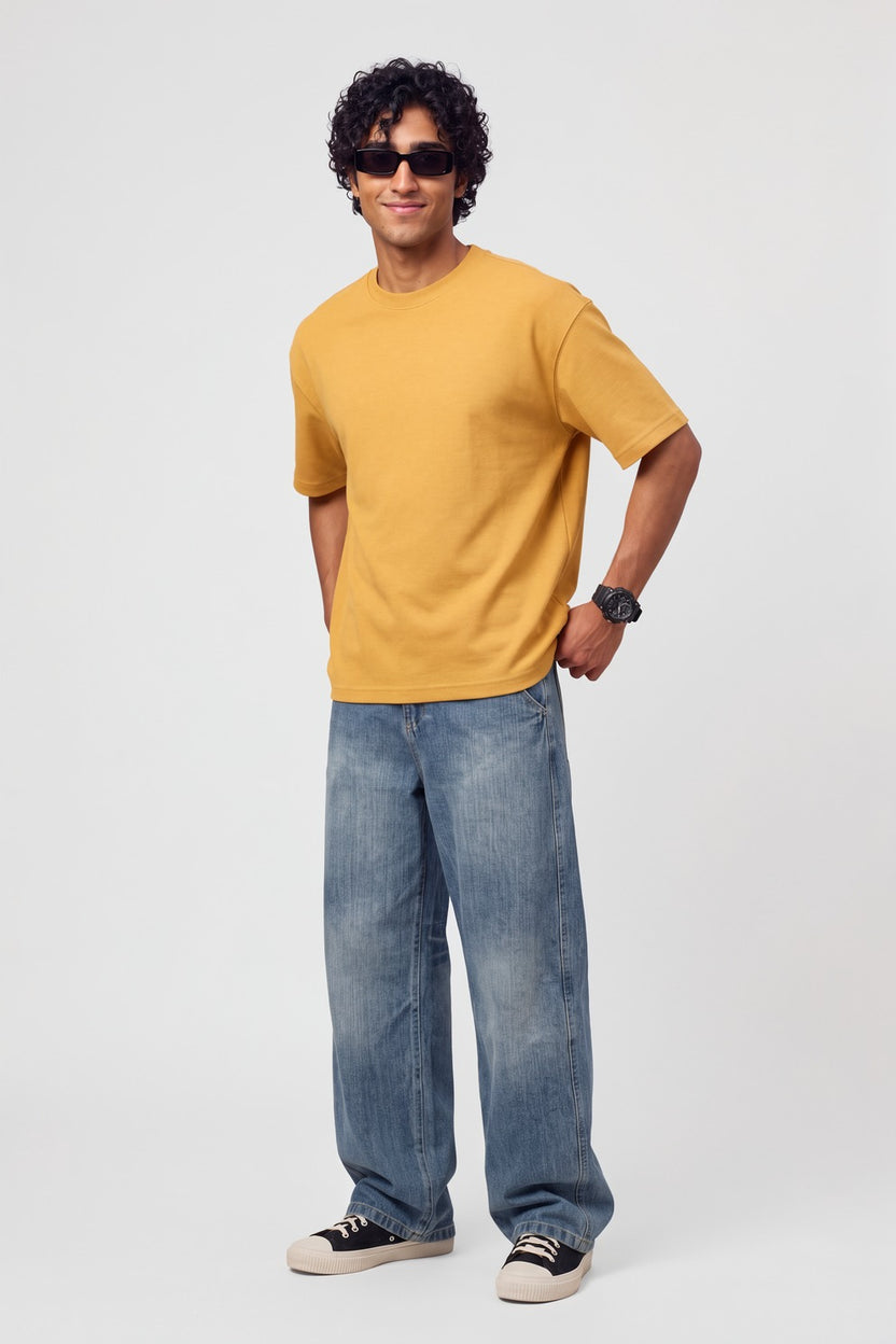 Mens Yellow Regular Fit Solid Crew Neck T-Shirt - Image 5