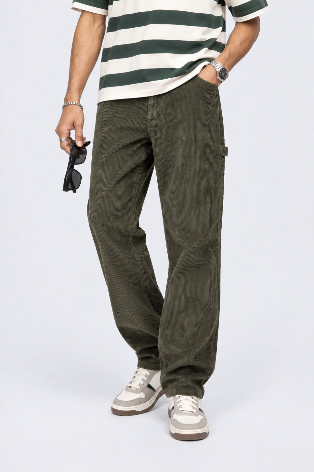 Mens Olive Relaxed Fit Corduroy Trouser - Image 1