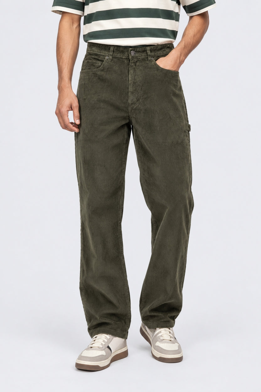 Mens Olive Relaxed Fit Corduroy Trouser - Image 2