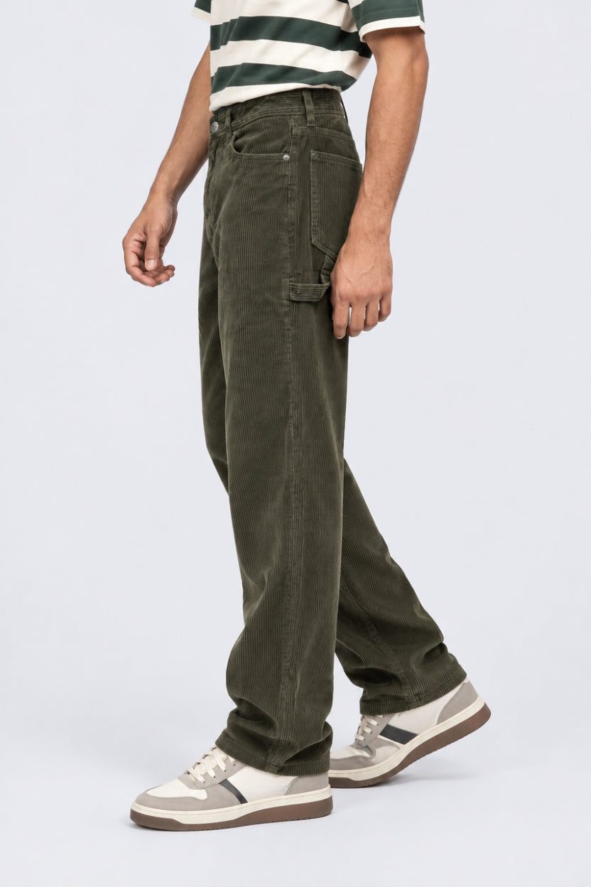 Mens Olive Relaxed Fit Corduroy Trouser - Image 4