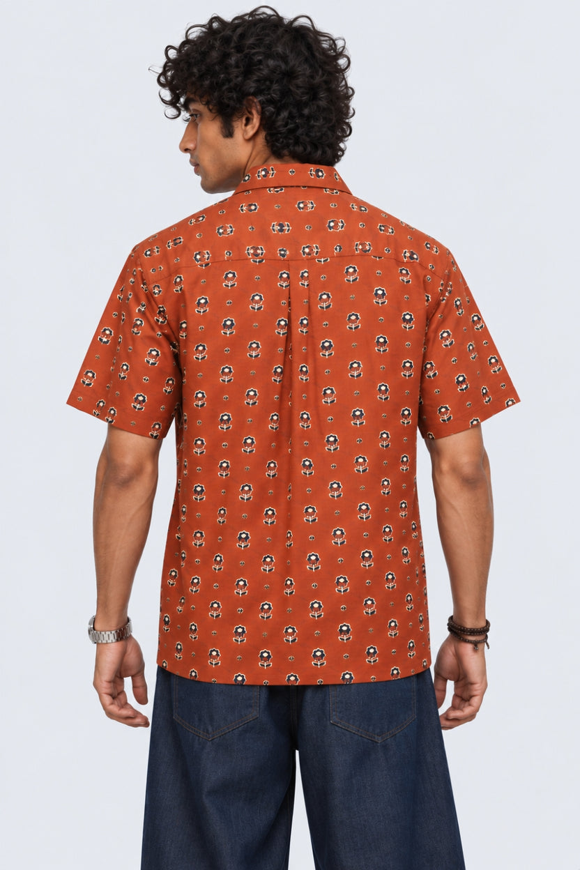 Mens Rust Floral Print Resort Shirt - Image 5
