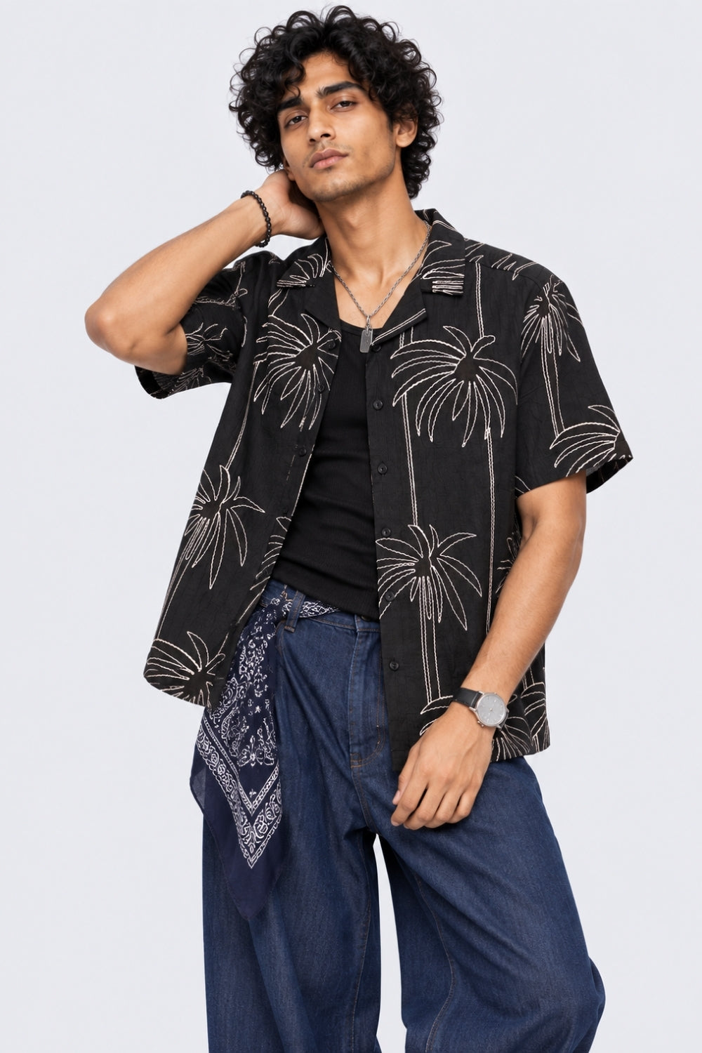 Mens Black Palm Embroidered Resort Shirt - Image 1