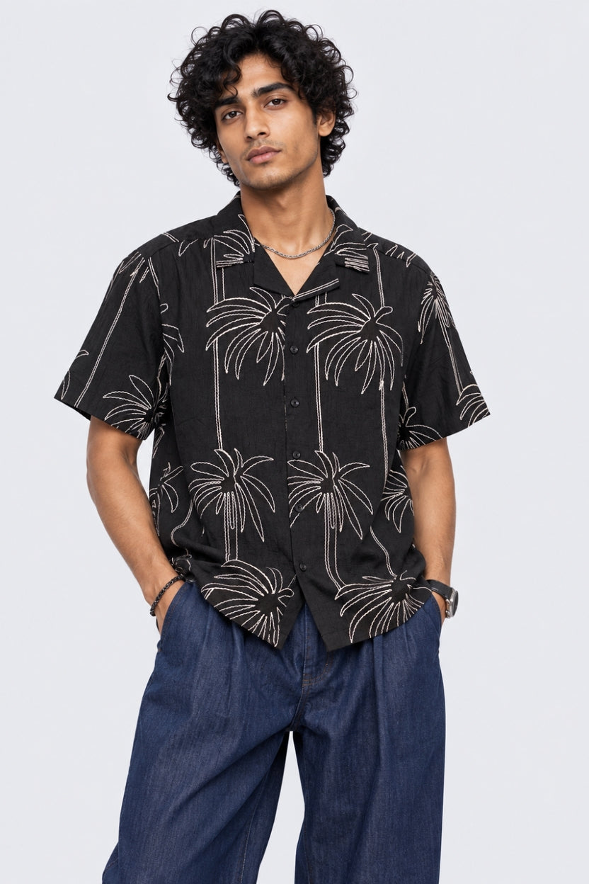 Mens Black Palm Embroidered Resort Shirt - Image 2