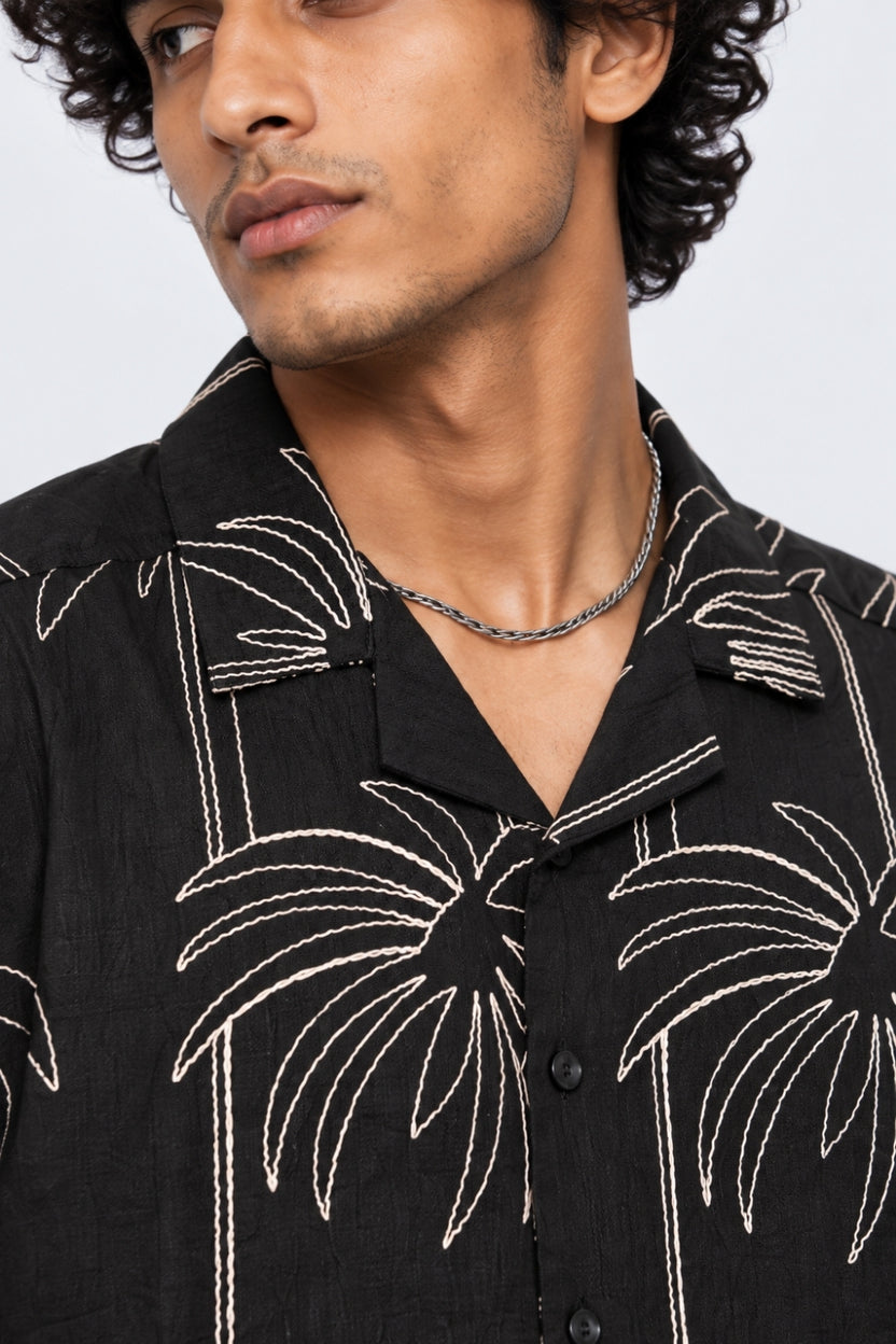 Mens Black Palm Embroidered Resort Shirt - Image 3