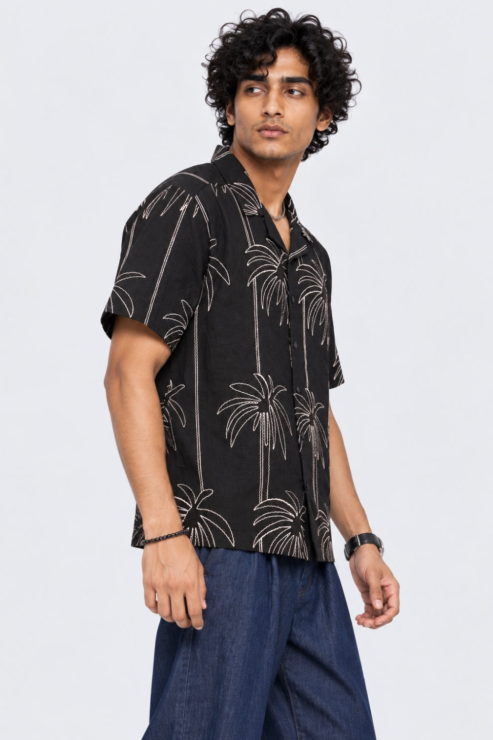 Mens Black Palm Embroidered Resort Shirt - Image 4