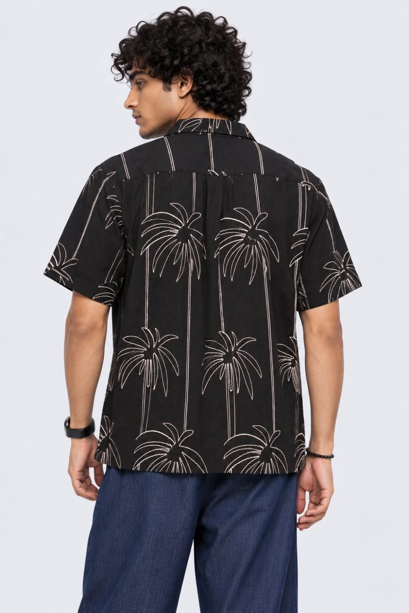 Mens Black Palm Embroidered Resort Shirt - Image 5