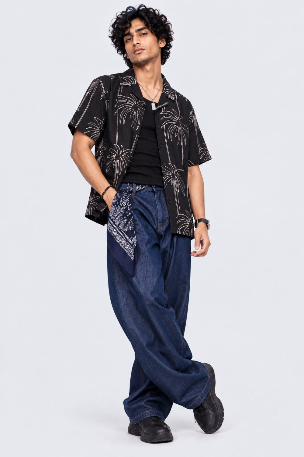 Mens Black Palm Embroidered Resort Shirt - Image 6