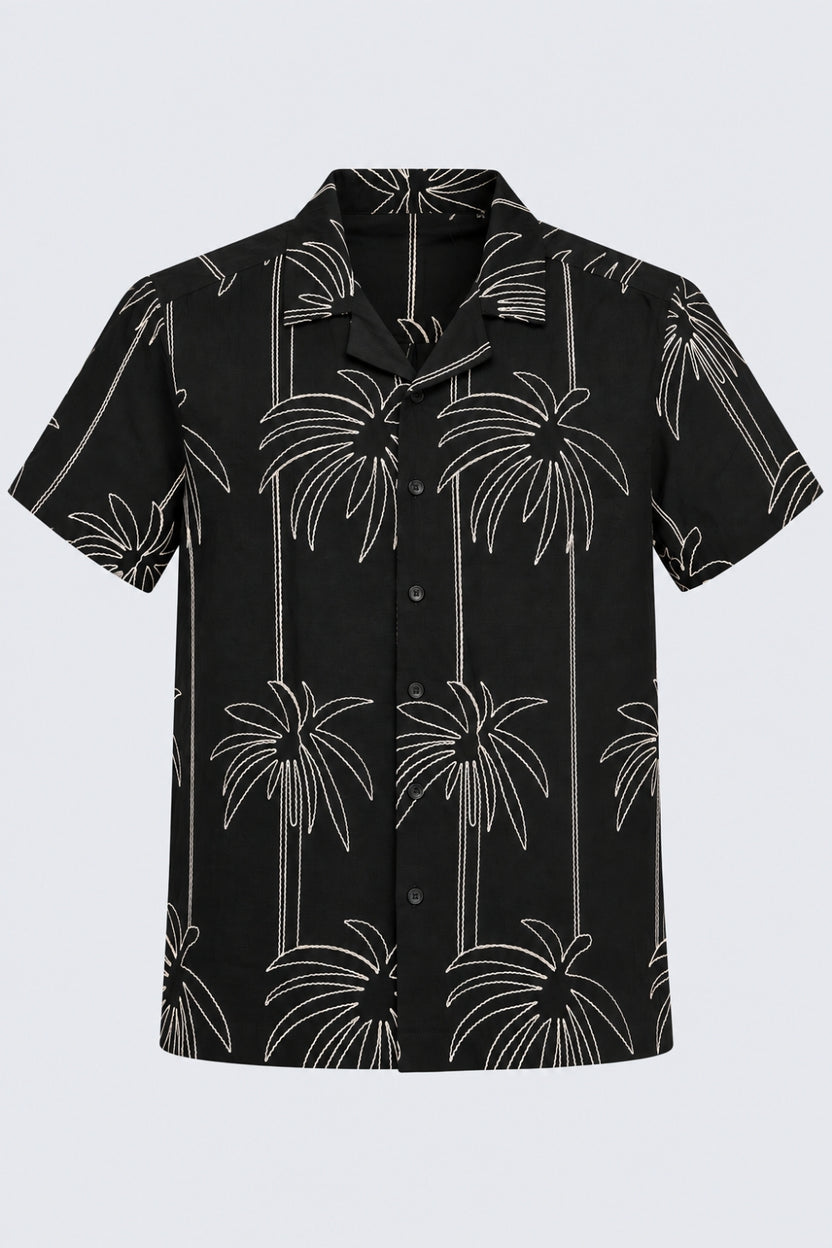Mens Black Palm Embroidered Resort Shirt - Image 7