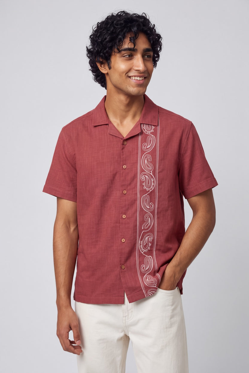 Mens Rust Paisley Print Resort Shirt - Image 2