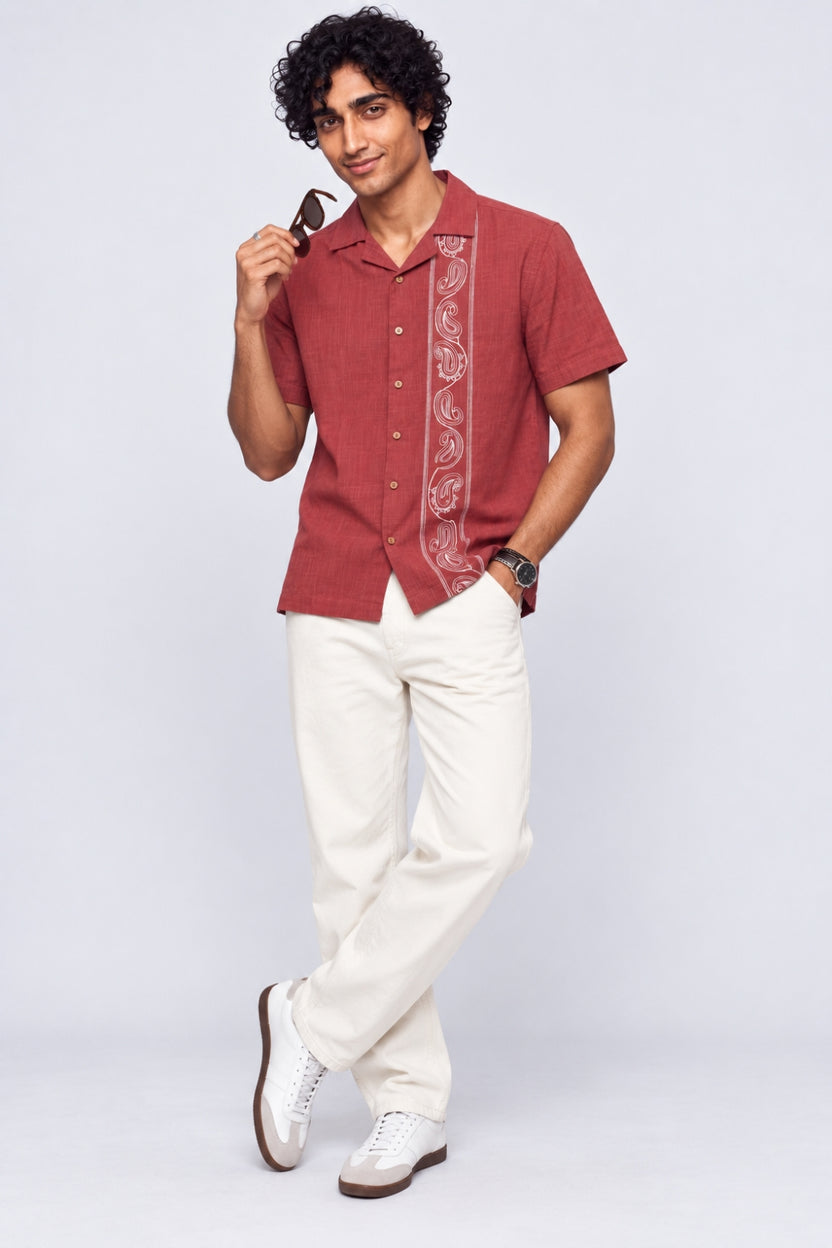 Mens Rust Paisley Print Resort Shirt - Image 6
