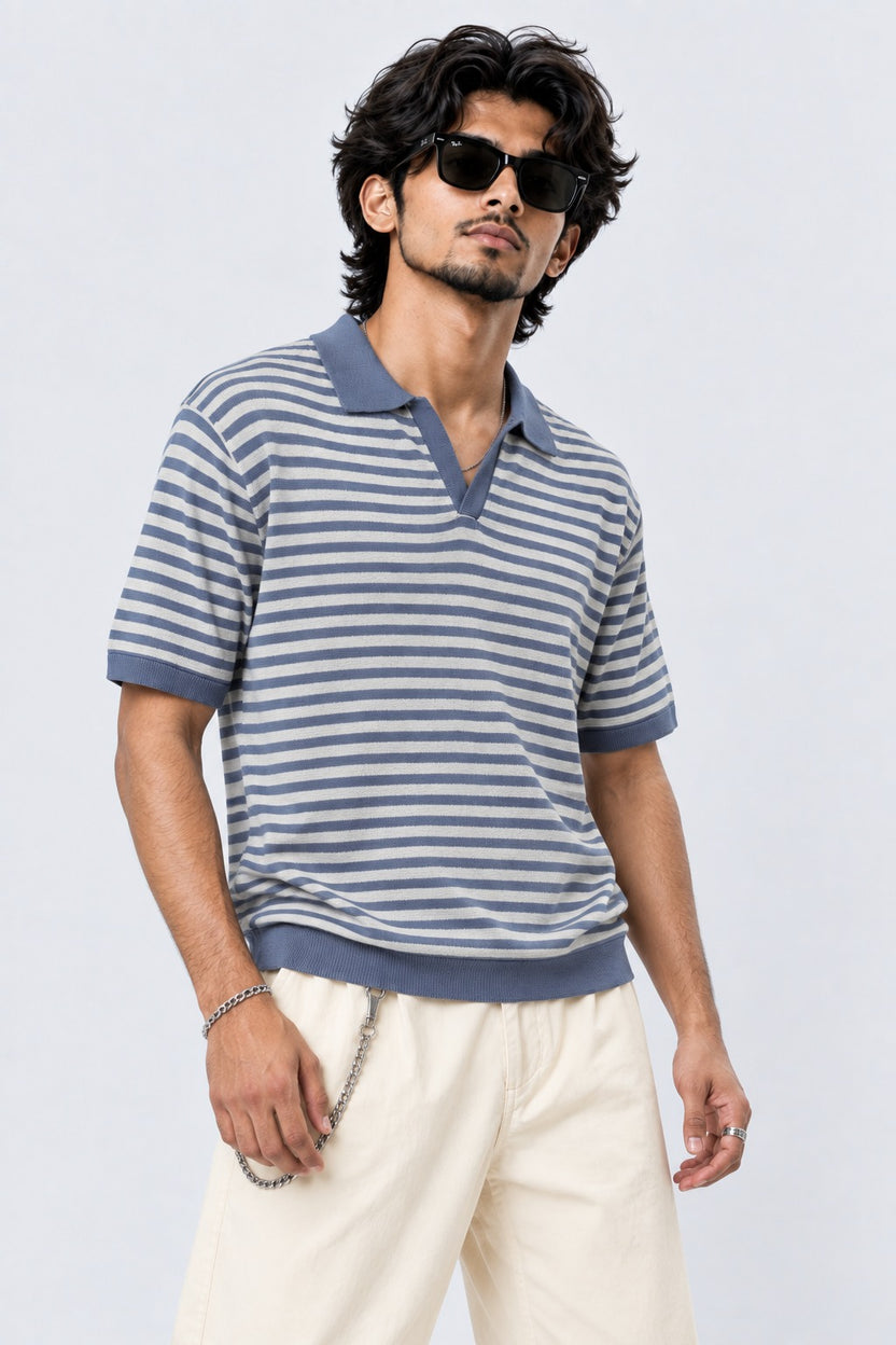 Mens Blue Striped Knit Polo T-Shirt - Image 1