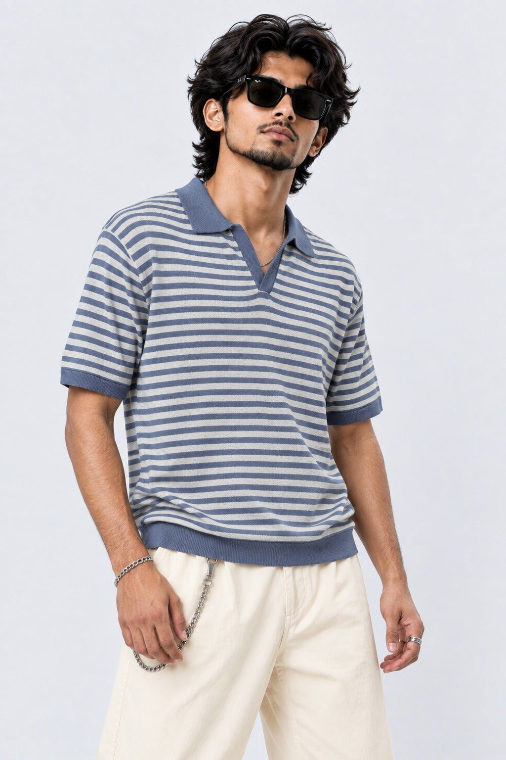 Mens Blue Striped Knit Polo T-Shirt - Image 1