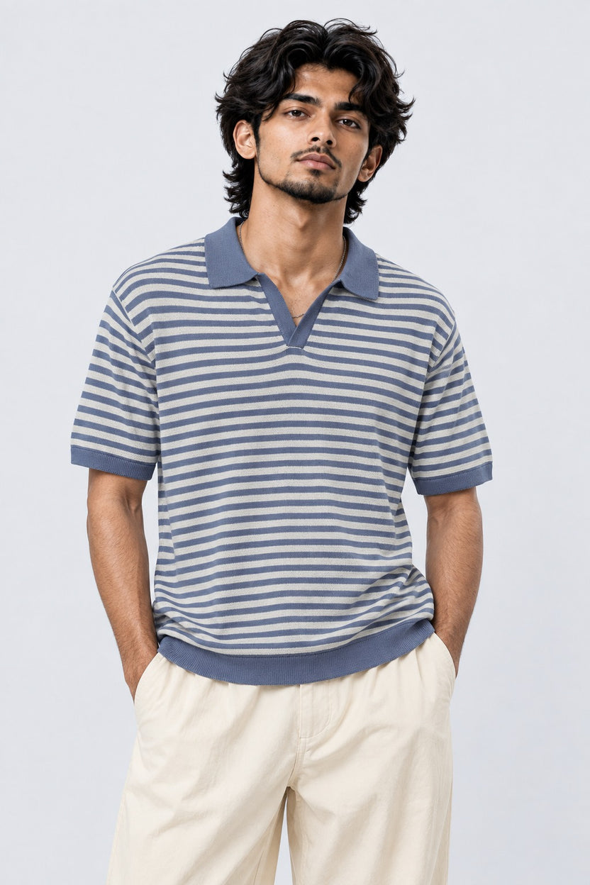 Mens Blue Striped Knit Polo T-Shirt - Image 2