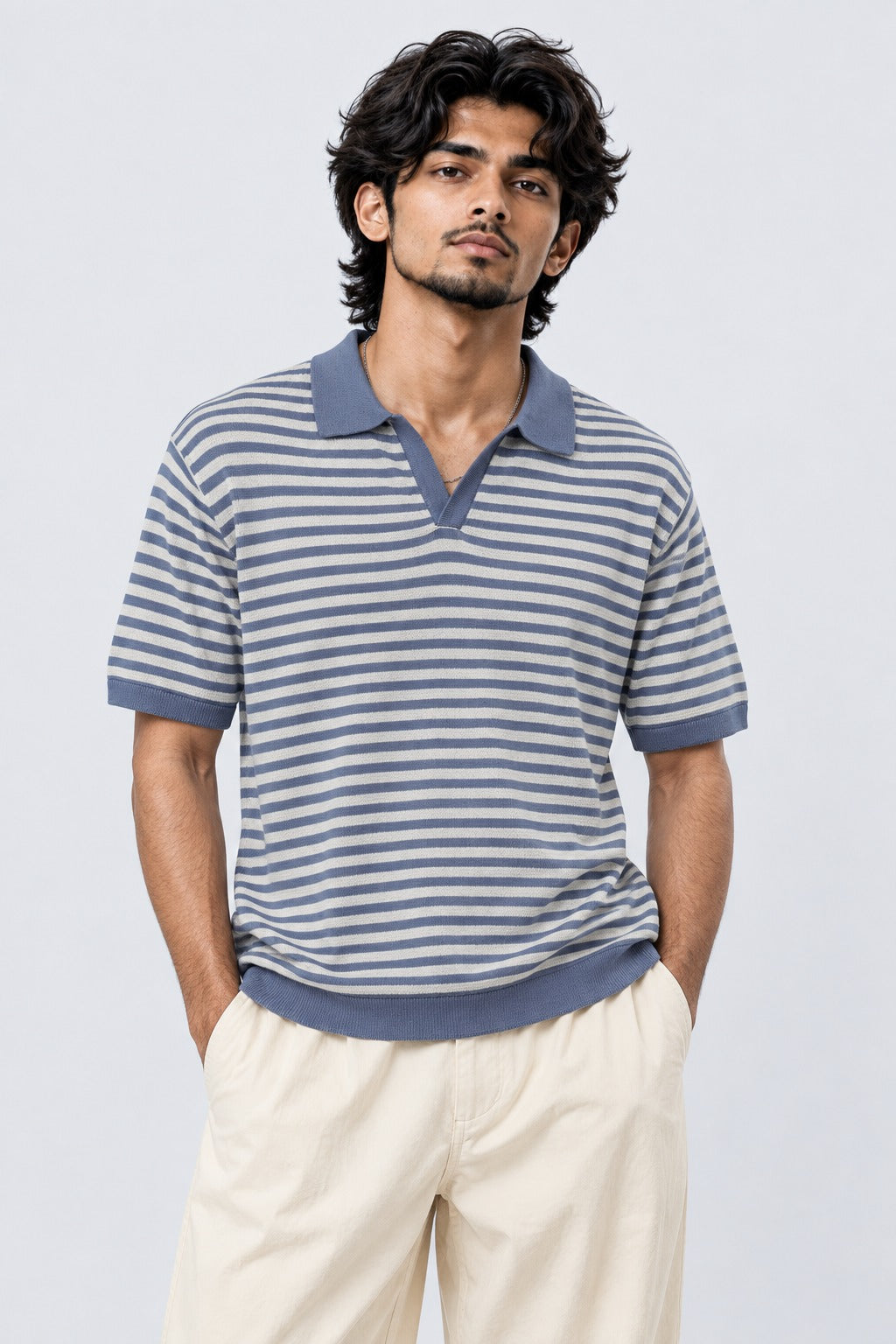 Mens Blue Striped Knit Polo T-Shirt - Image 2