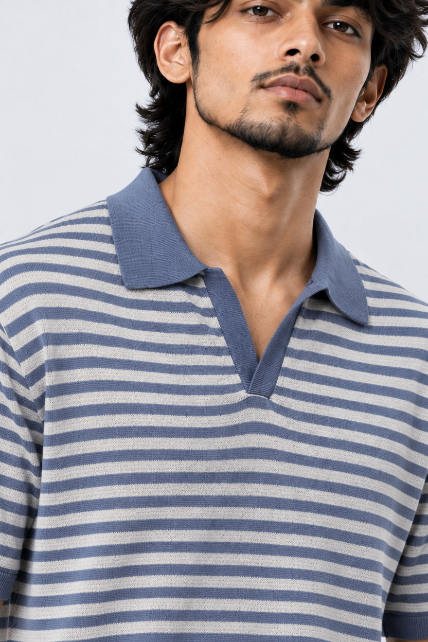 Mens Blue Striped Knit Polo T-Shirt - Image 3