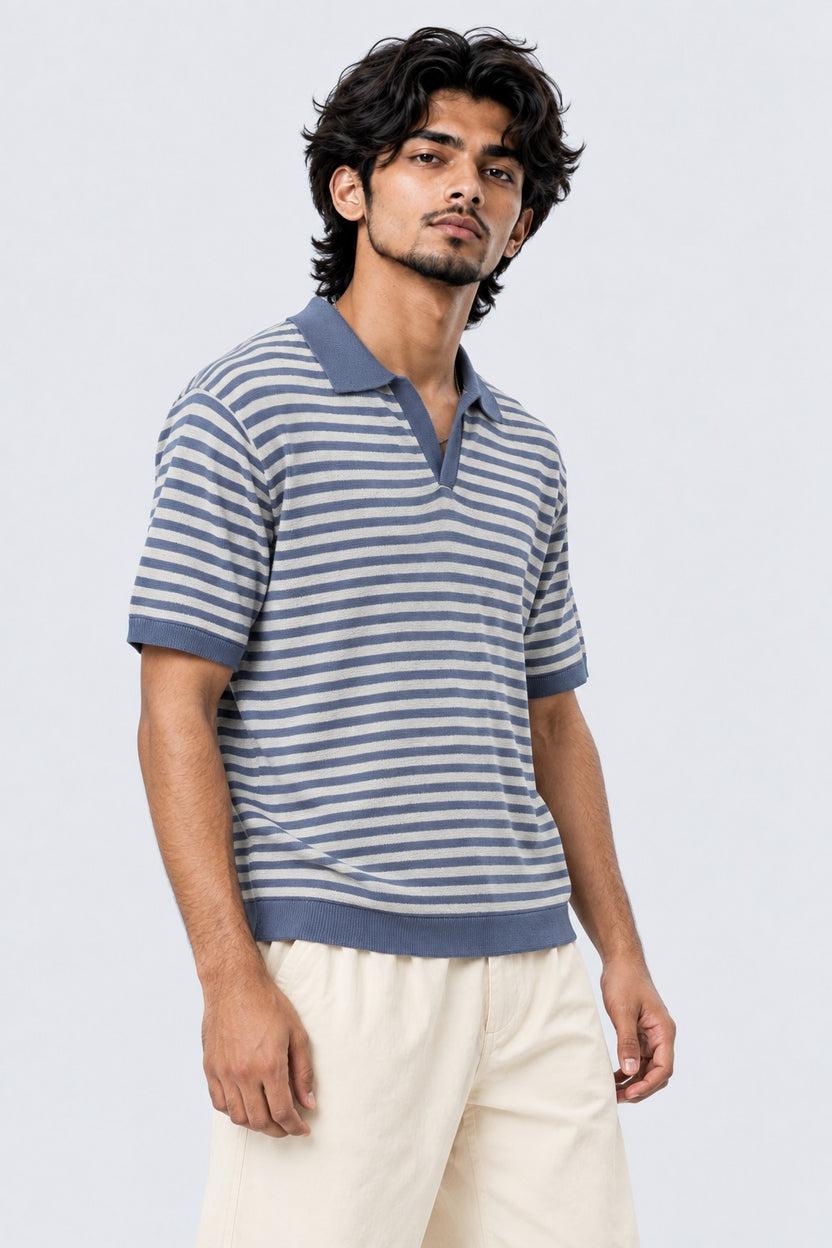 Mens Blue Striped Knit Polo T-Shirt - Image 4