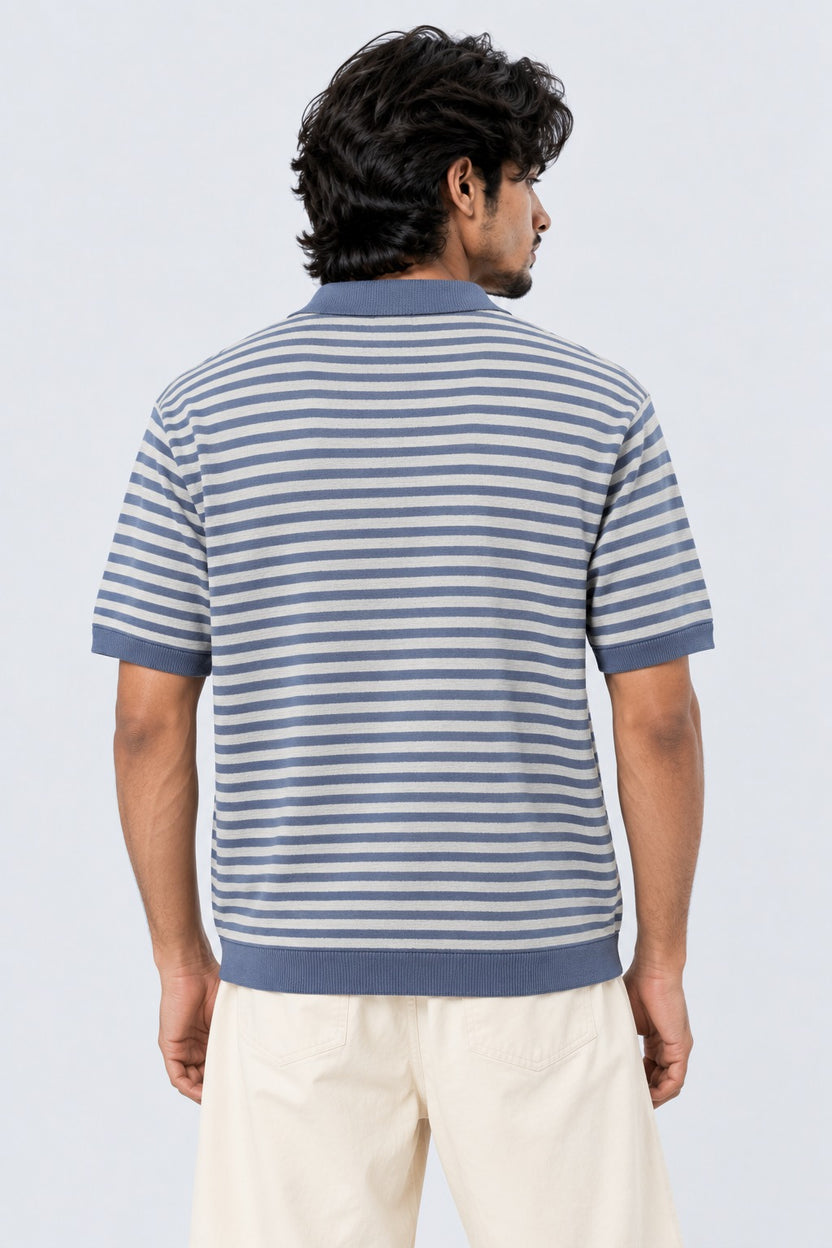 Mens Blue Striped Knit Polo T-Shirt - Image 5