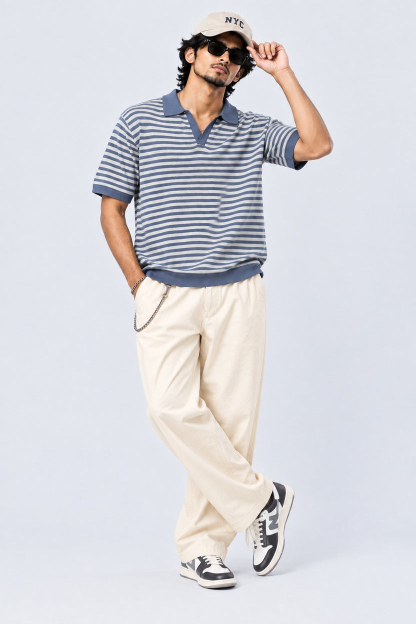 Mens Blue Striped Knit Polo T-Shirt - Image 6