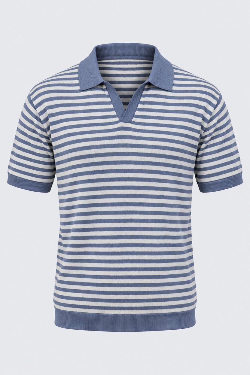 Mens Blue Striped Knit Polo T-Shirt - Image 7