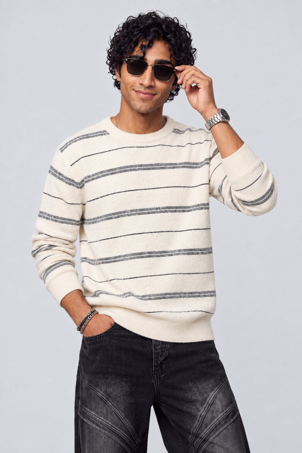 Mens Off White Striped Crew Neck Sweater - Image 1